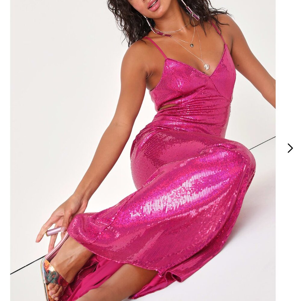 Lulus Glamorous Affair Magenta Sequin Cutout Maxi Dress Pink - Size L